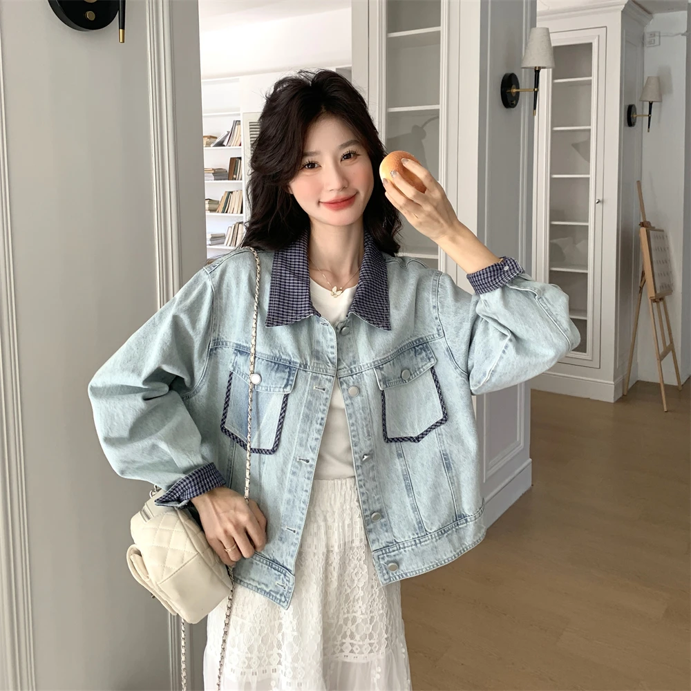 格子拼接牛仔短外套女春秋2025新款小个子流行爆款设计感复古上衣