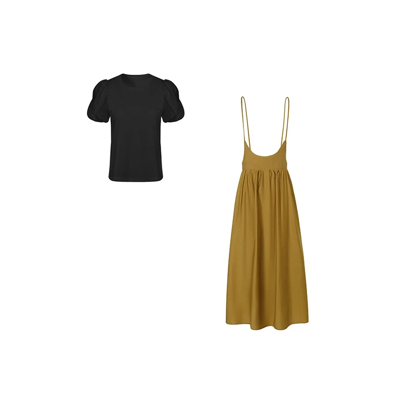 2025新款夏季时尚显瘦遮肉百搭短袖衫休闲背带裙两件套装4273K14