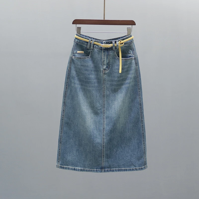 2025夏季新款高腰牛仔半身裙女复古开叉中长款休闲包臀A字裙显瘦