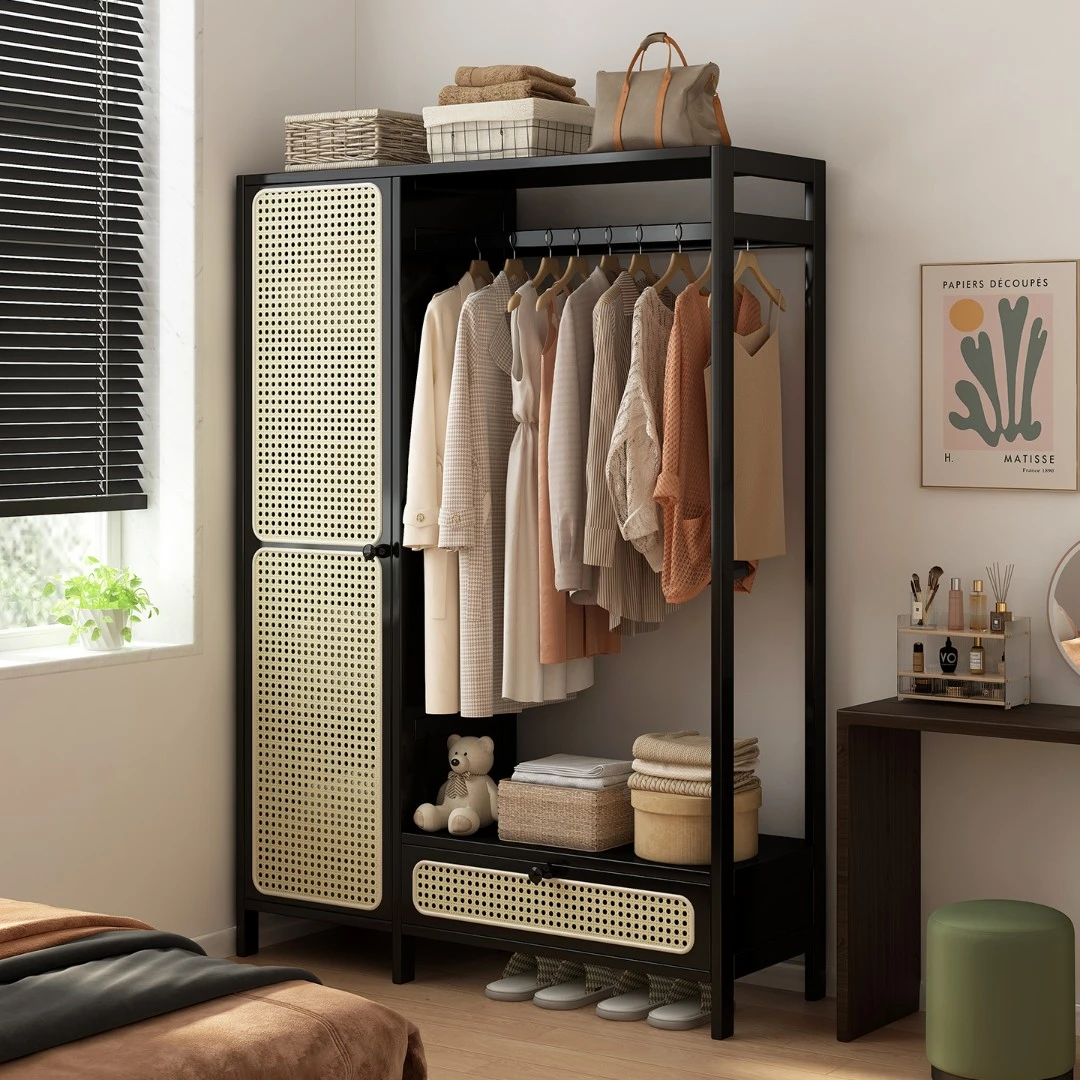 藤编衣柜家用卧室简易ins风小户型多功能落地挂衣架民宿用衣帽柜