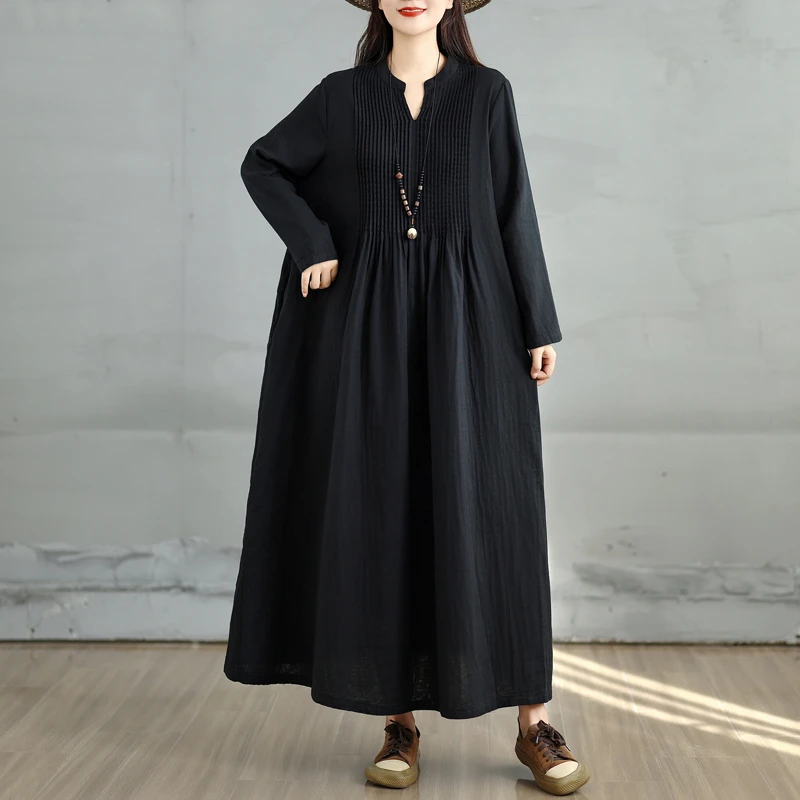 2025秋季女装宽松拼接压褶小v领大摆长袖连衣裙胖mm减龄洋气长裙