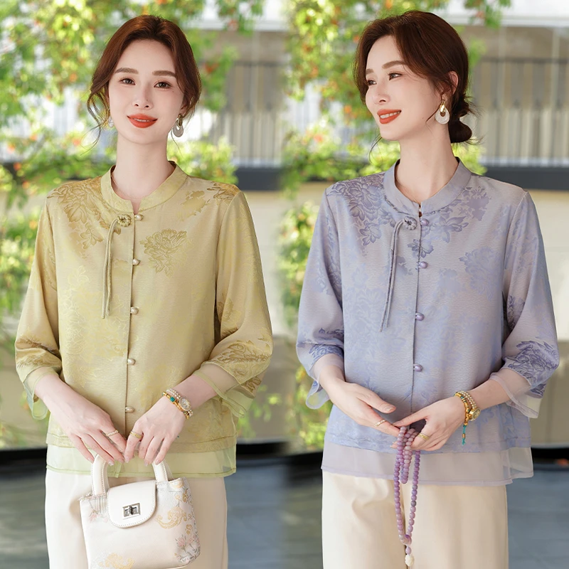 妈妈装新中式夏季七分袖气质上衣中老年洋气小衫减龄显瘦国风套装