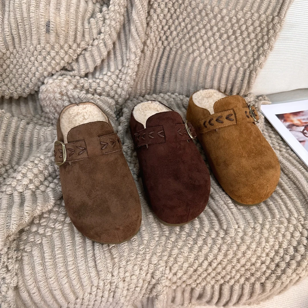 厚底内增高一脚蹬勃肯鞋子包头半拖鞋女冬外穿加绒2025新款棉拖鞋