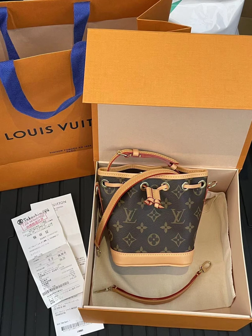 未使用 LouisVuitton/路易威登 牛皮棕色老花 水桶包手提包迷你