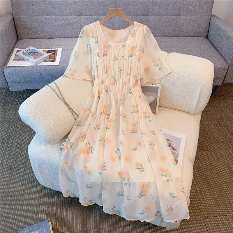 大码女装胖mm100-180斤轻薄琉璃纱显白高腰遮肉显瘦中长款连衣裙