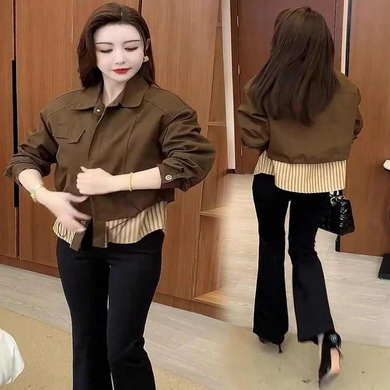 流行牛仔棒球服休闲2025年春秋季大衣短外套时尚风衣假两件新款女