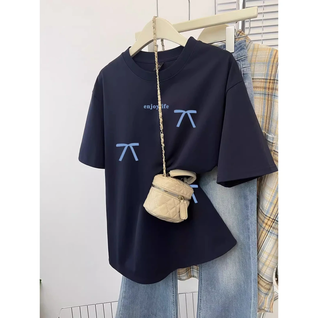 胖妹妹大码240斤小众独特气质蝴蝶结印花正肩短袖T恤女纯棉上衣夏