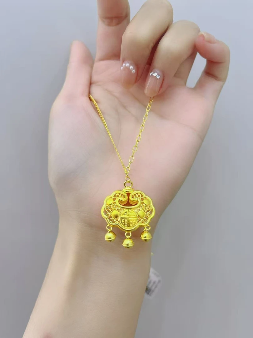 足银银制品 镀金银 福字锁包套链