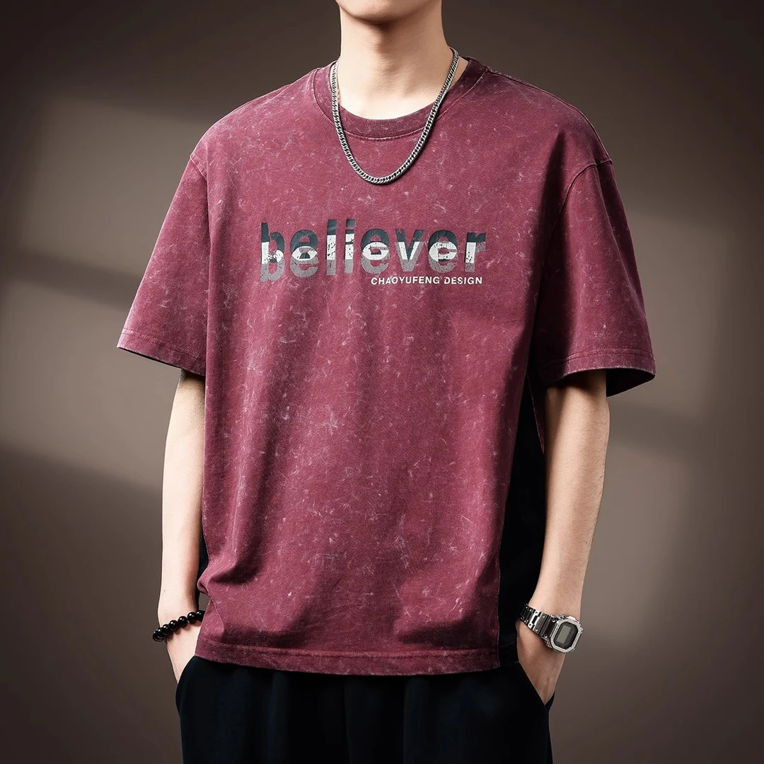 高端美式复古字母印花男士短袖T恤夏季潮牌宽松酵磨水洗圆领体恤