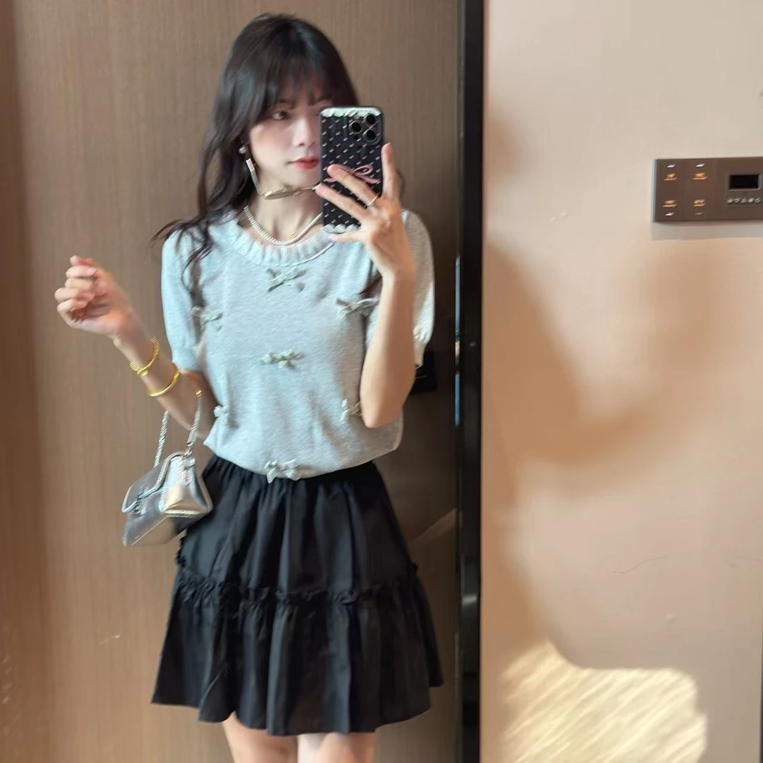 【灰色蝴蝶结】手工圆领蕾丝纯色泡泡袖韩式简约夏季显瘦短袖时尚