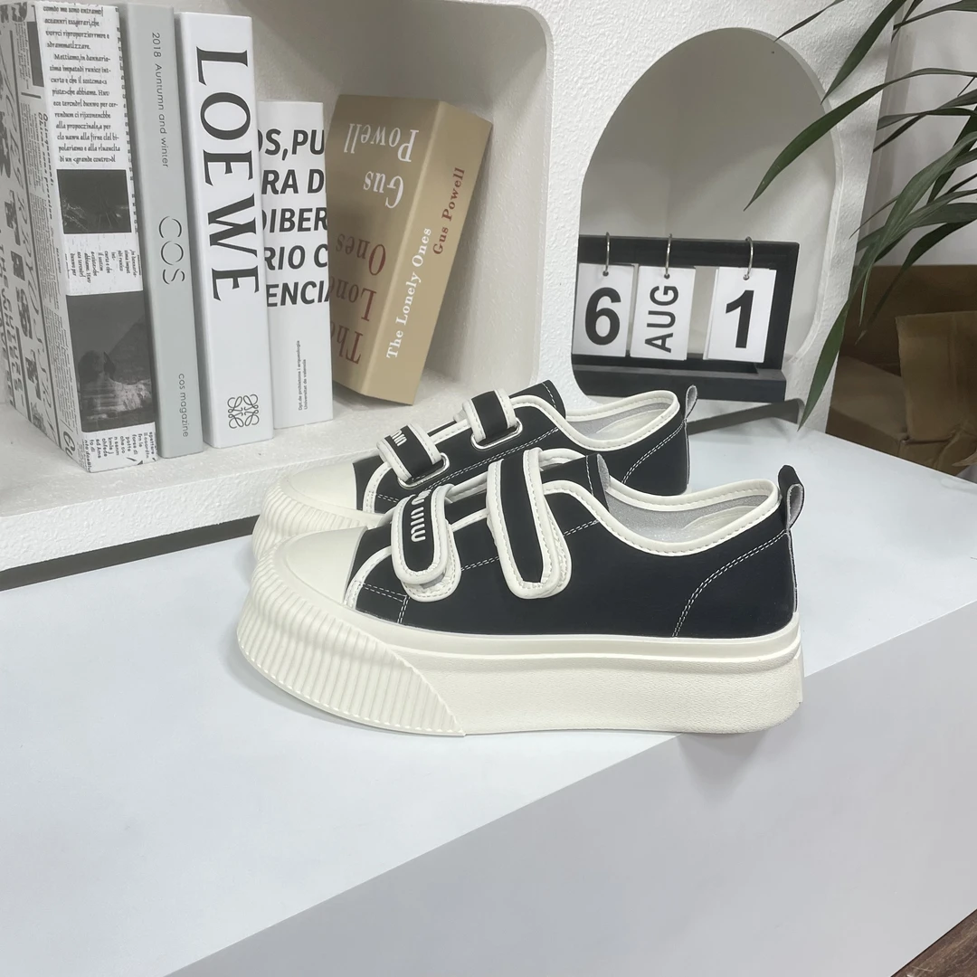 L7802黑色小香风饼干鞋新款时尚百搭拼色厚底魔术贴休闲盖头鞋子