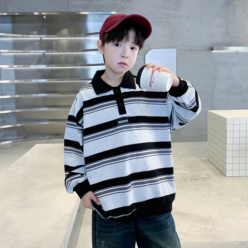 男童条纹卫衣POLO领宽松2025中大童休闲韩版长袖儿童秋季上衣洋气
