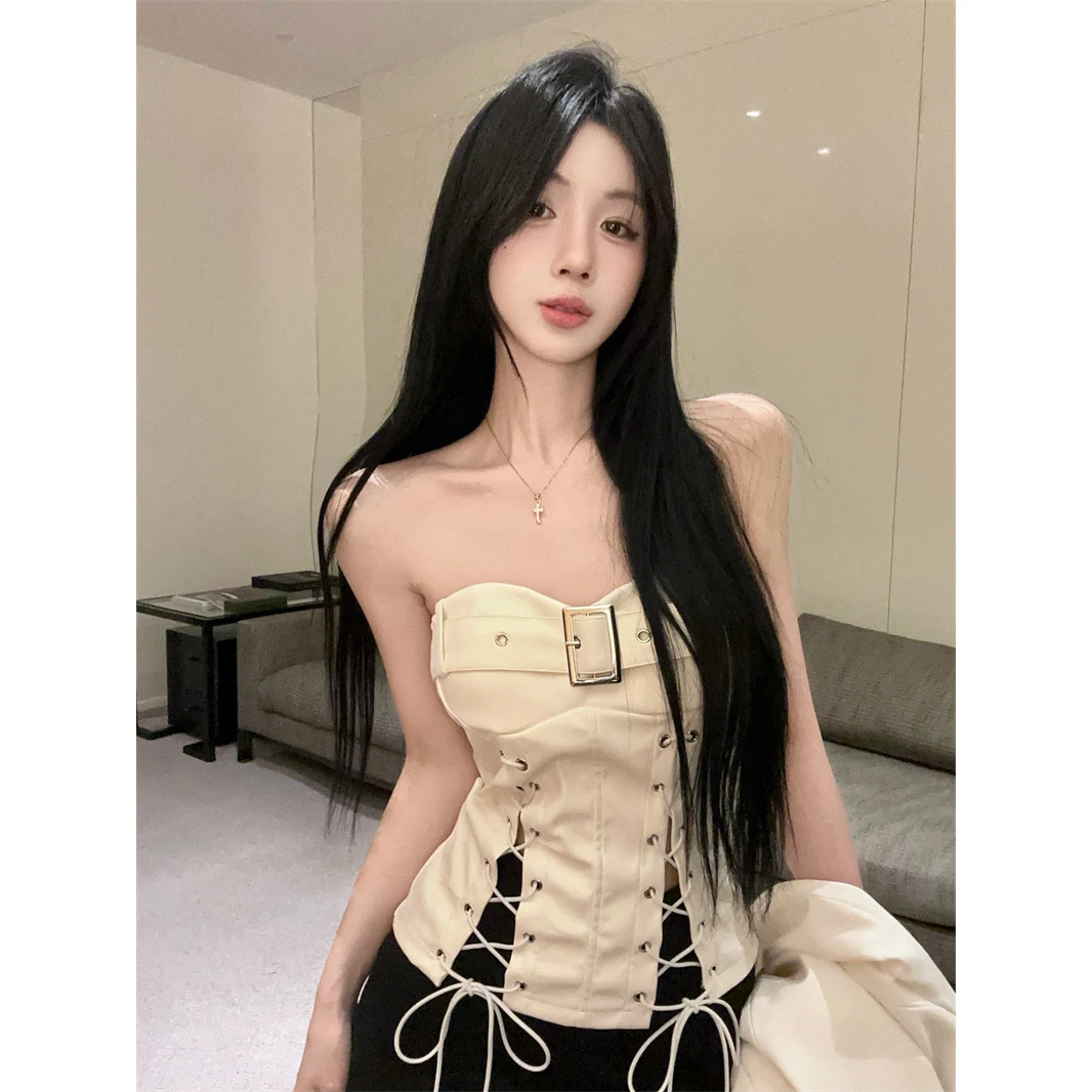 纯欲性感辣妹绑带开叉收腰抹胸背心PU皮系带裹胸上衣女通勤外穿