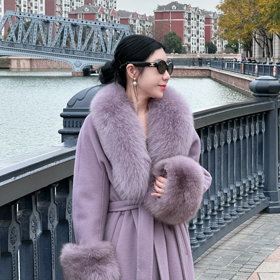 ZR 财阀夫人紫色毛领毛袖贵气长款宽松羊毛大衣