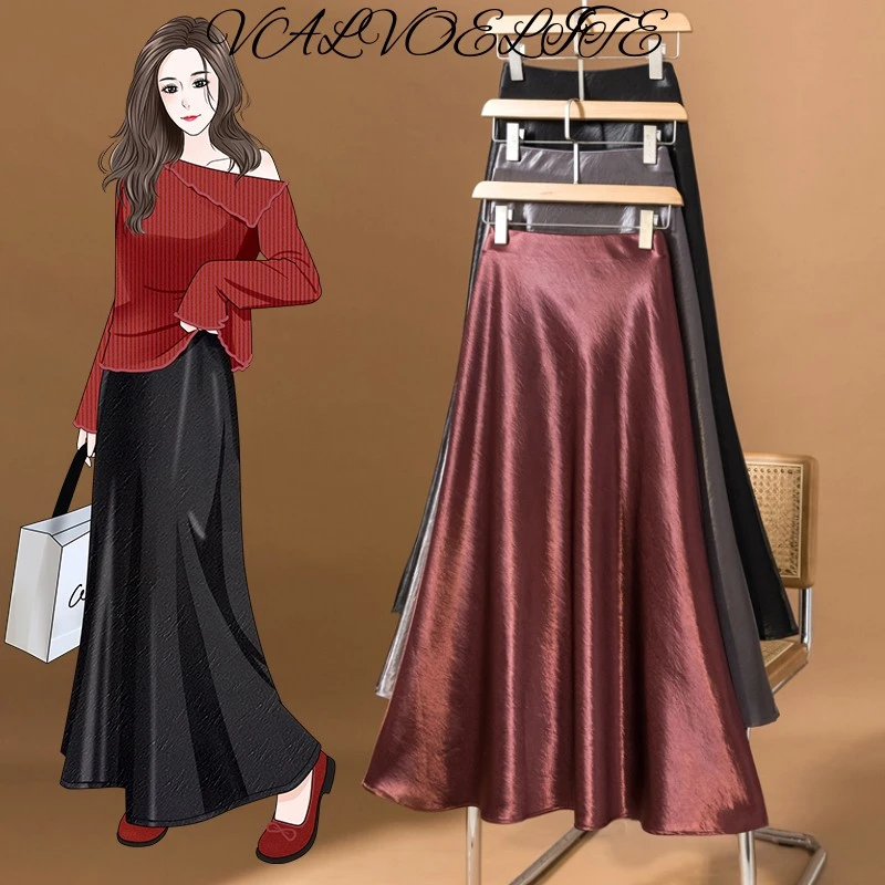 高端红色醋酸缎面半身裙女春秋潮流胖mm高腰中长款a字包臀鱼尾裙