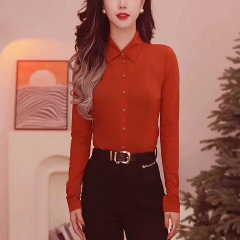 [商场同款]新款百搭显瘦修身纯色网纱打底长袖衬衫1300782