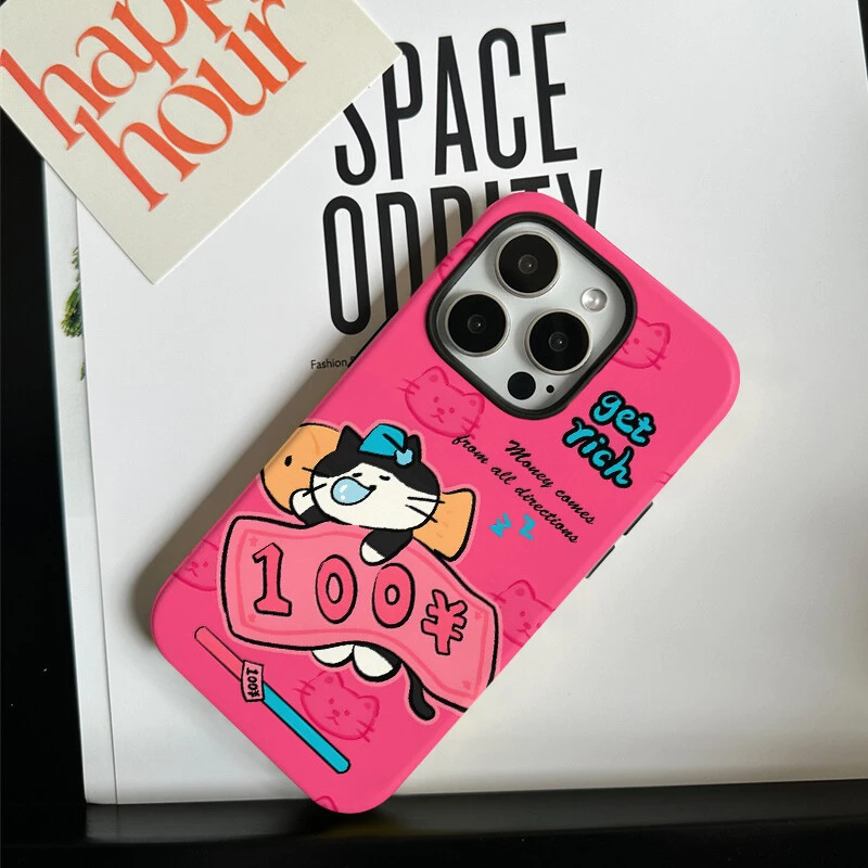 钞票猫咪二合一适用苹果16/15promax手机壳华为小米14卡通VIVO女