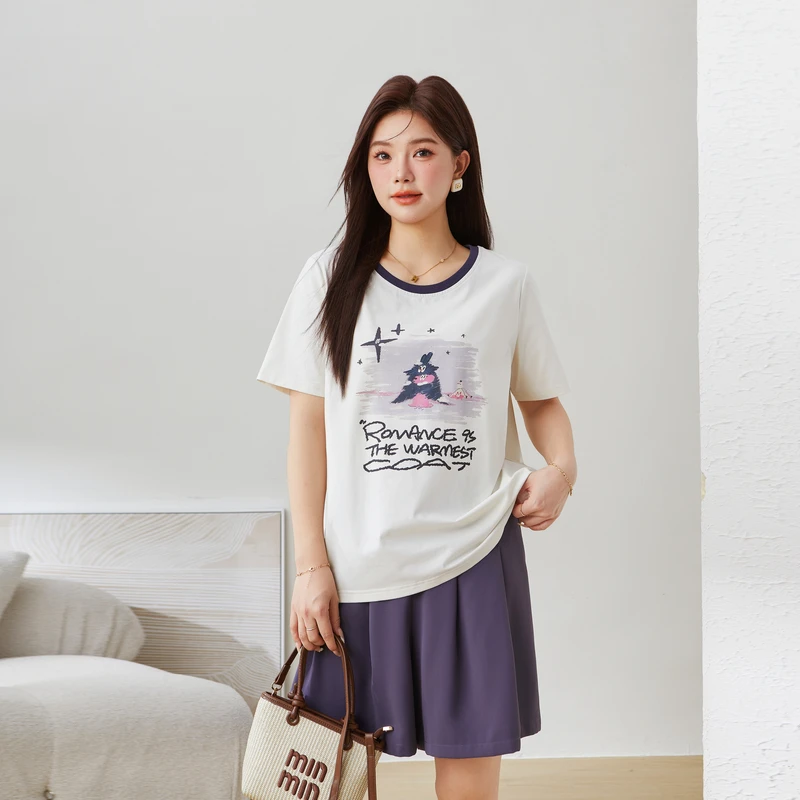 采多宝大码女装小众英伦风正肩印花T恤夏季卡通减龄上衣EXZ5229