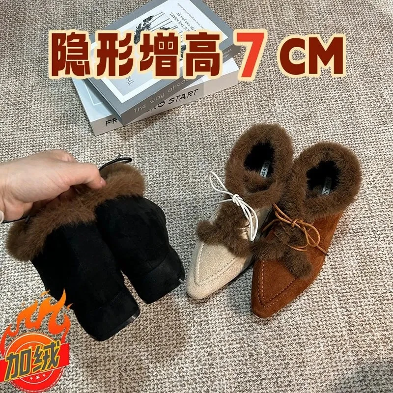 秋冬新款小个子内增高加绒棉鞋棉靴短靴保暖毛毛鞋女冬外穿高级感