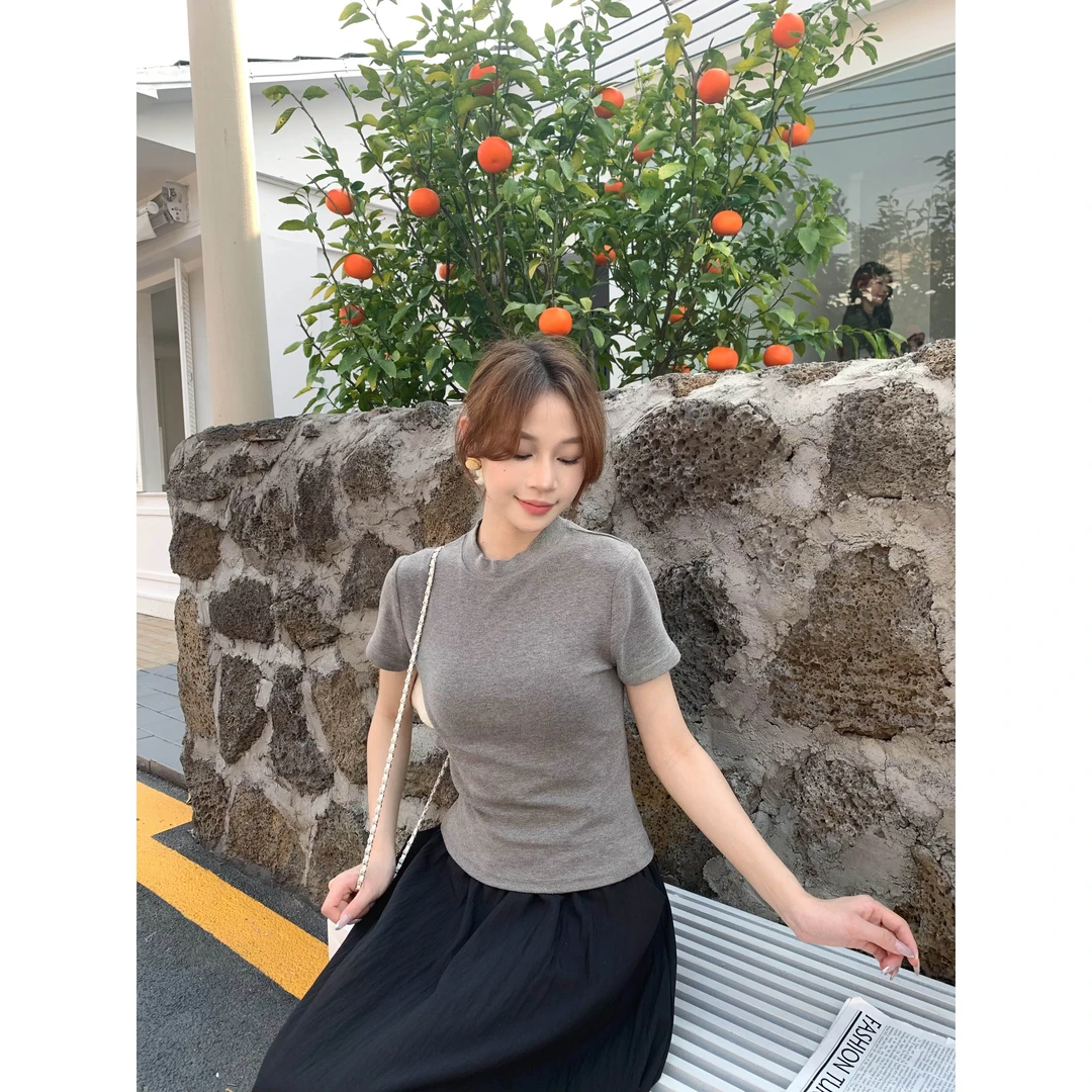 【小个子】早秋新款休闲百搭极简纯色体恤上衣-YJ9990