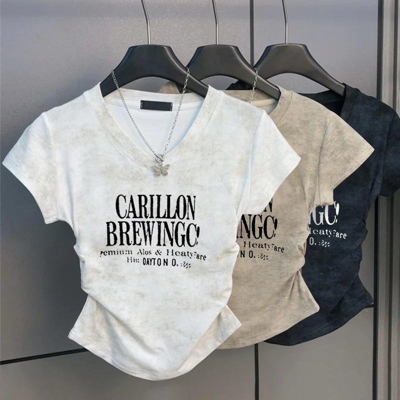 夏季新款V领短袖T恤女韩版纯欲复古扎染印花褶皱百搭修身上衣女