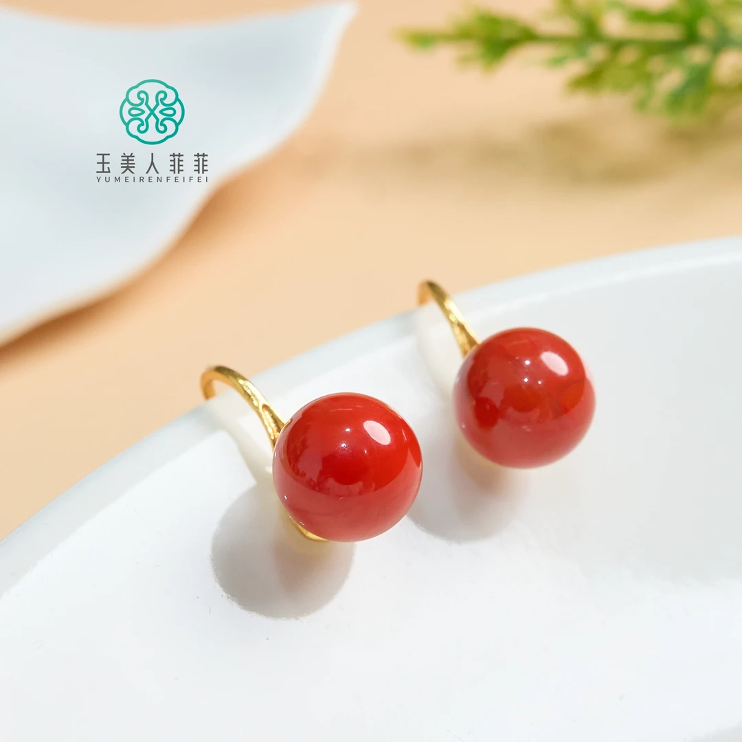 菲菲珠宝好*S925南红圆珠耳坠约9mm