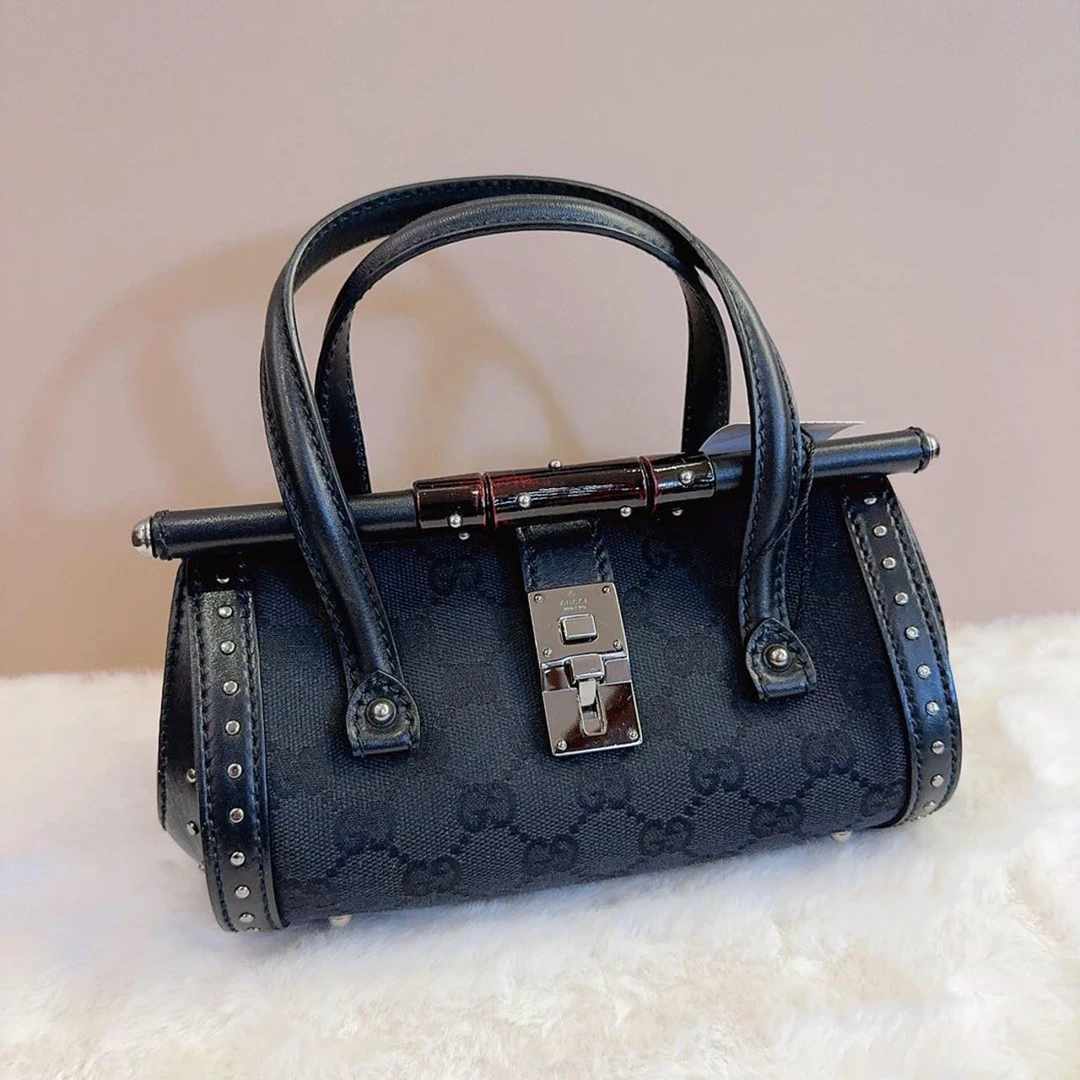 95新 GUCCI/古驰 大吉中古/GUCCI古驰黑色老花竹节手提包
