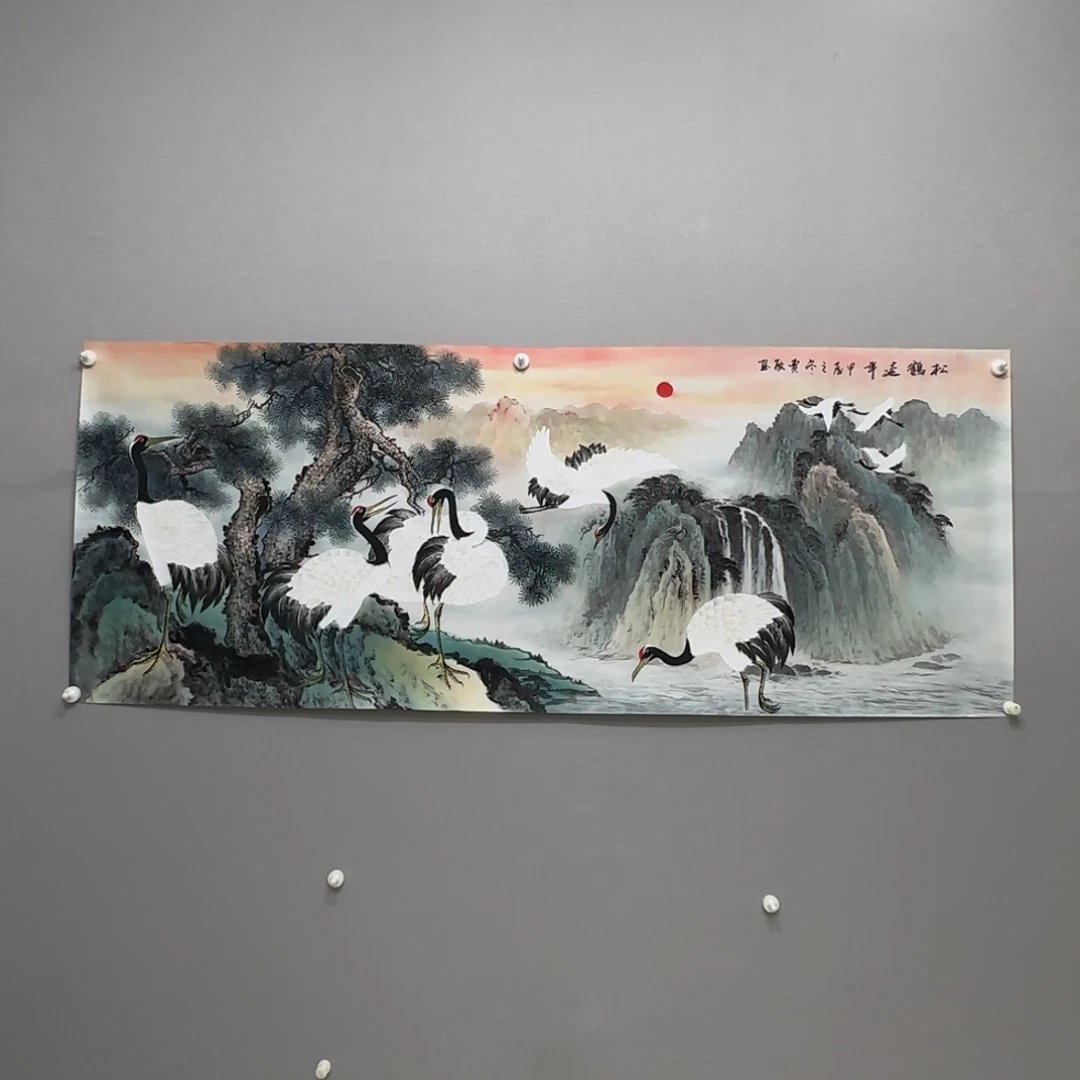 国画横幅六尺工笔松鹤延年贾敏