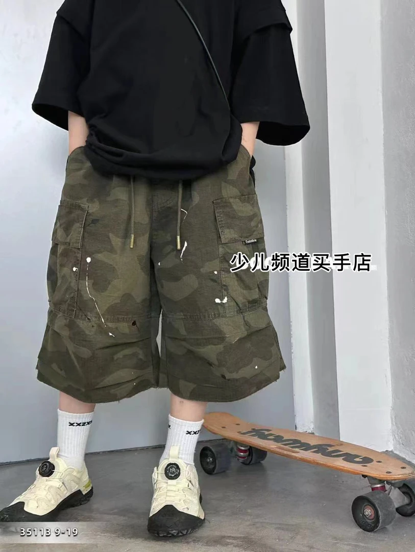 【SEPD】街头潮酷迷彩短裤美式复古做旧工艺宽松阔腿破洞工装短裤