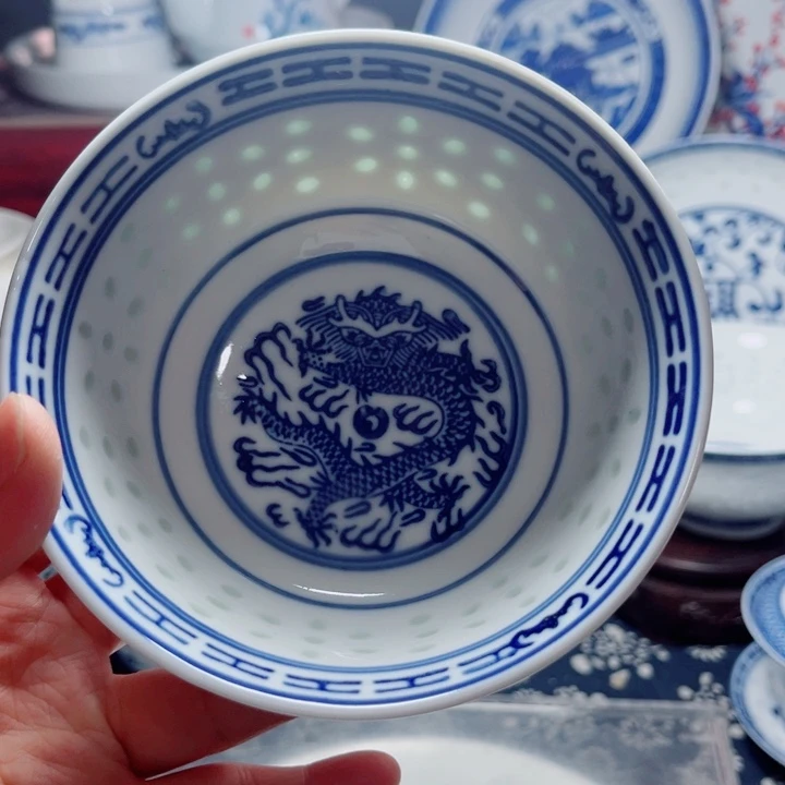 青花玲珑5寸饭碗龙纹