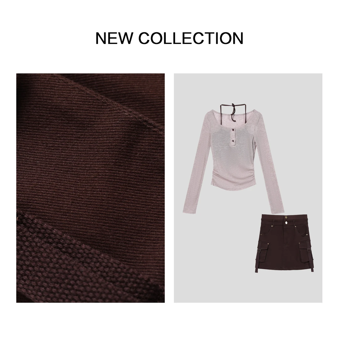 【婷婷专属】D5F30312B 优雅大方 咖色长袖上衣短裙套装-0312