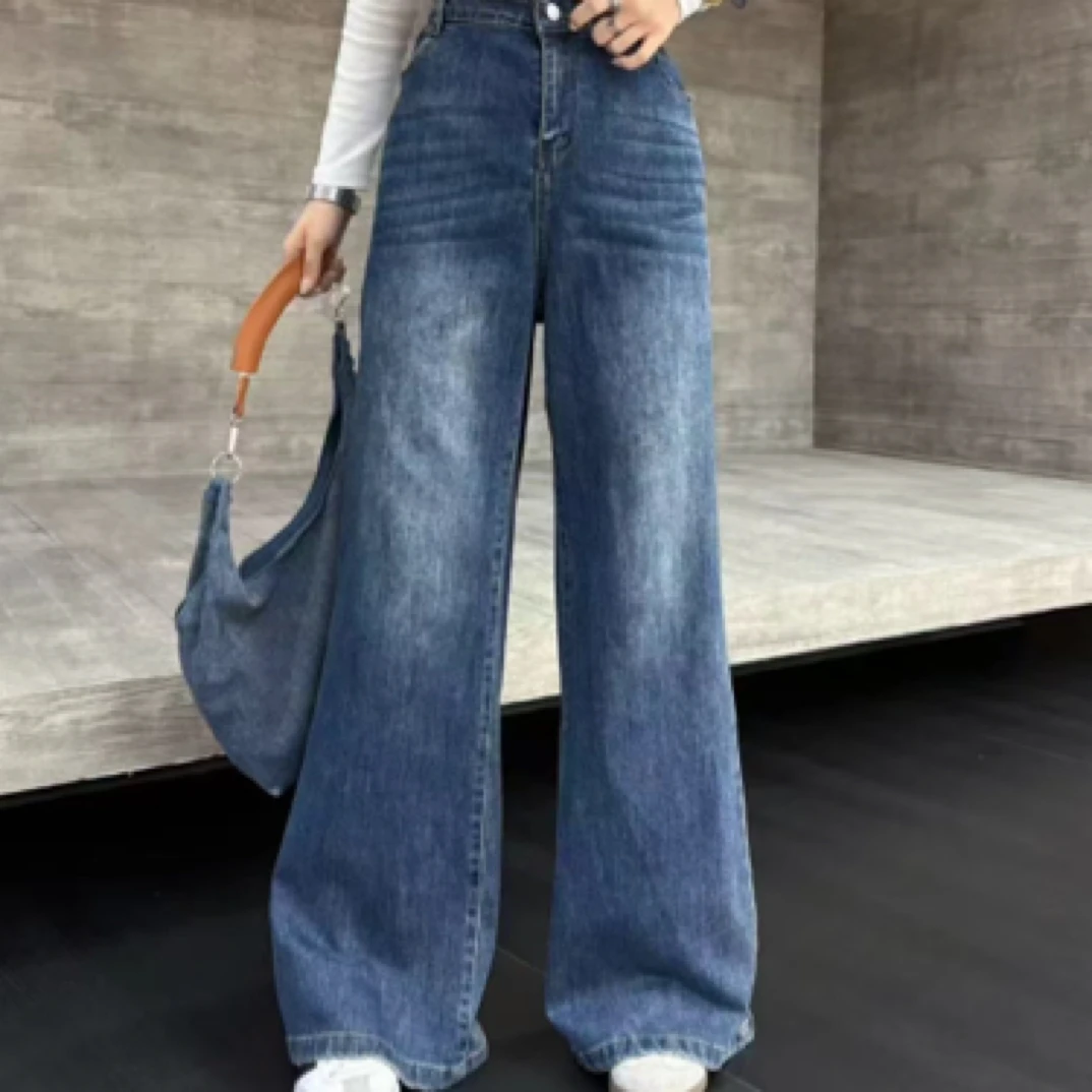 高腰阔腿牛仔裤女2025年新款夏季薄款爆款宽松垂感深蓝拖地喇叭裤