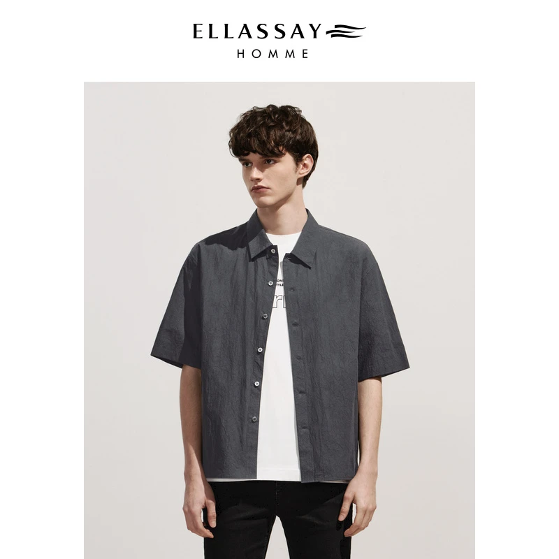ELLASSAY歌力思男装春夏抓皱感全棉短袖衬衫EME342T03600