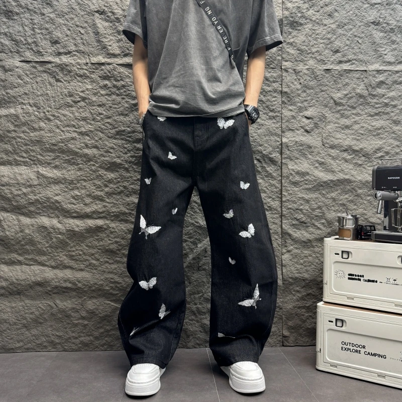 2025刺绣蝴蝶弯刀阔腿牛仔新款男士纯色黑色早秋男士黑色阔腿牛仔