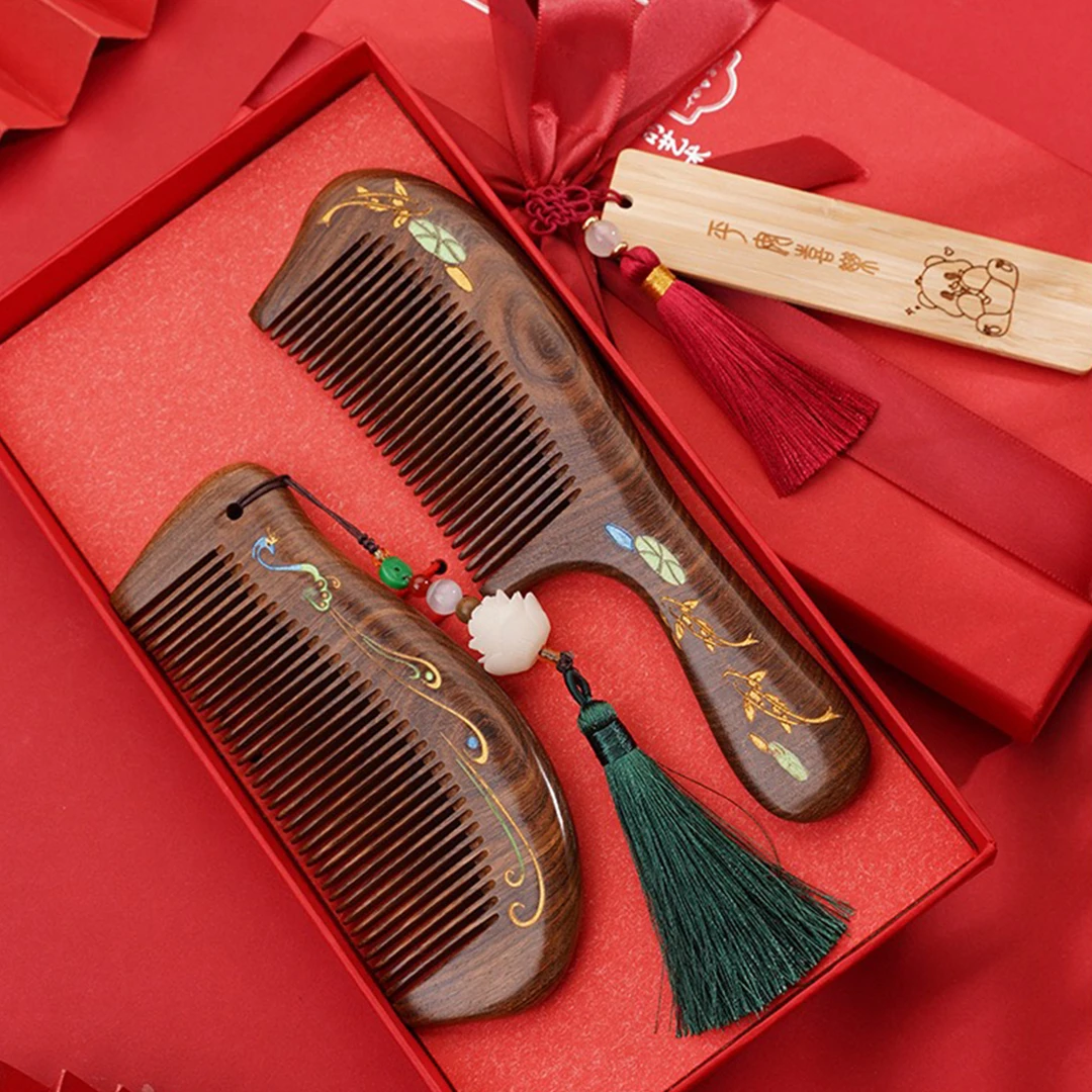 非金属木质婚庆饰品 中国风印花居家梳子家用携带木梳SZ122906