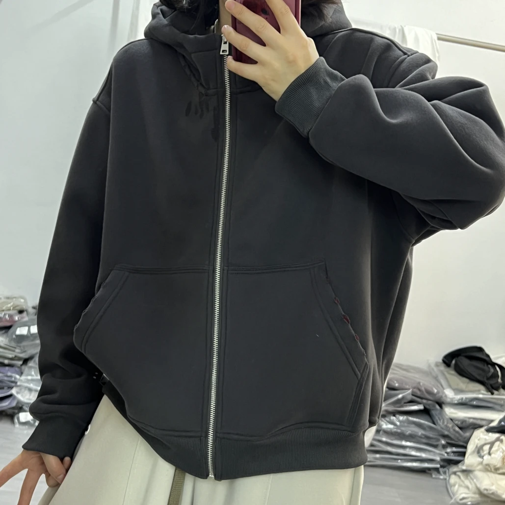 （岁丰）内加厚奥粒绒连帽卫衣外套女秋冬新款极简风保暖拉链开衫