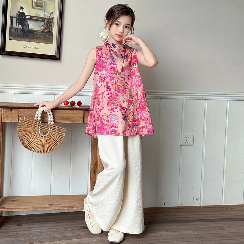 女童夏季套装2025新款洋气大童新中式国风无袖衬衫夏装儿童阔腿裤