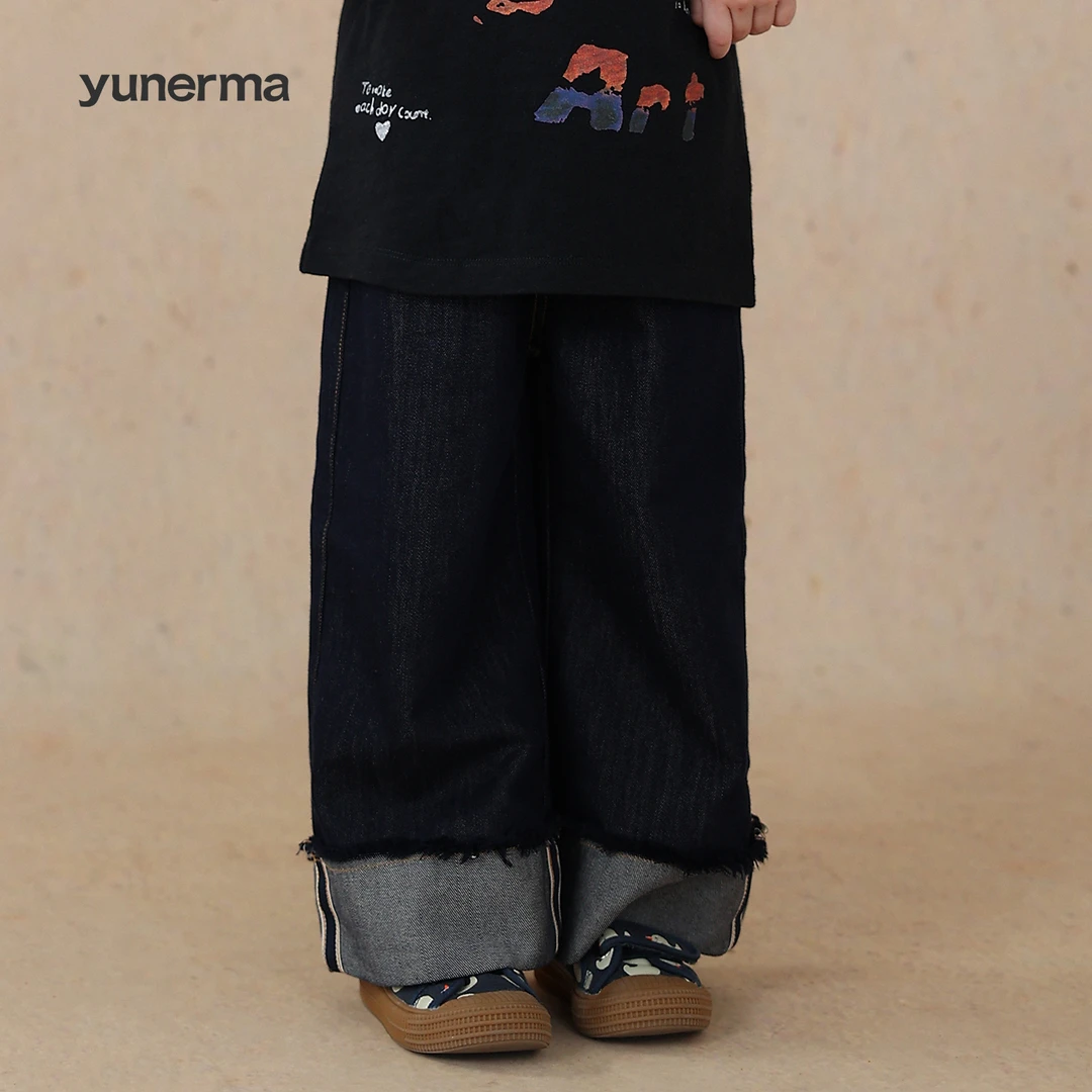 幼儿园宝宝春夏薄款牛仔翻边阔腿裤允儿妈女童洋气直筒裤儿童裤子