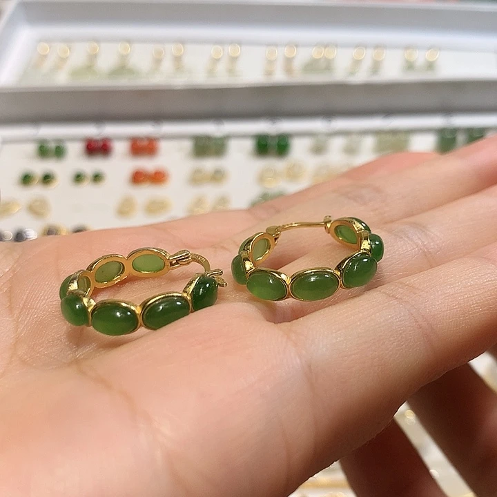 银S925镀金镶嵌和田玉（碧玉）耳饰甜***⭐