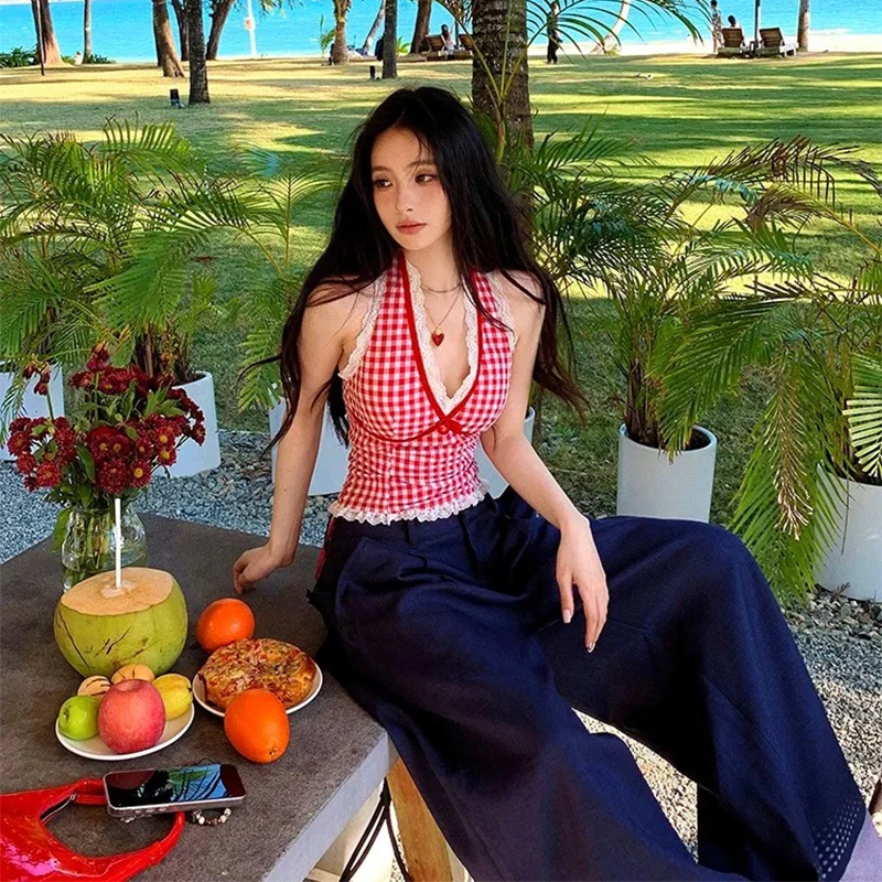 夏季新款红色格子背心吊带女拼接蕾丝v领性感挂脖辣妹小众上衣服