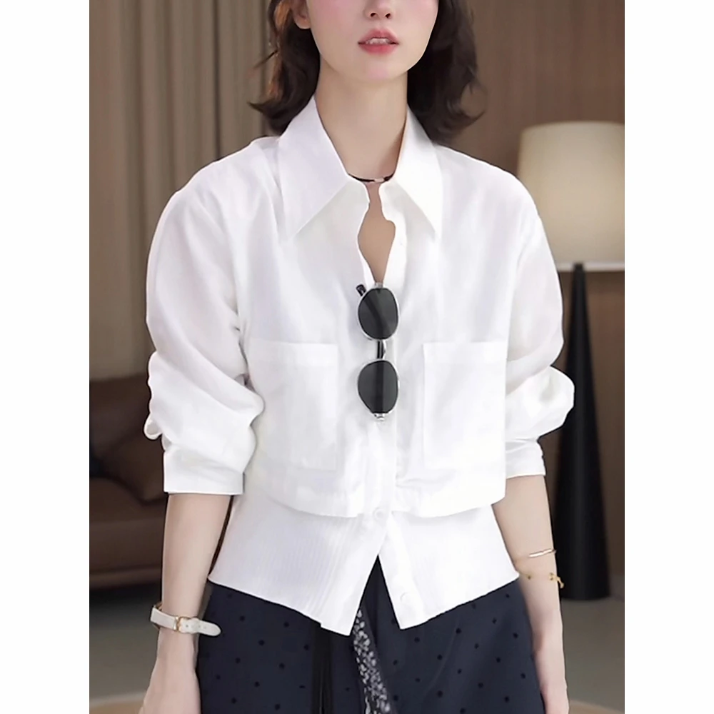 白色长袖衬衫女士2025秋季新款洋气减龄显瘦设计感假两件拼接上衣