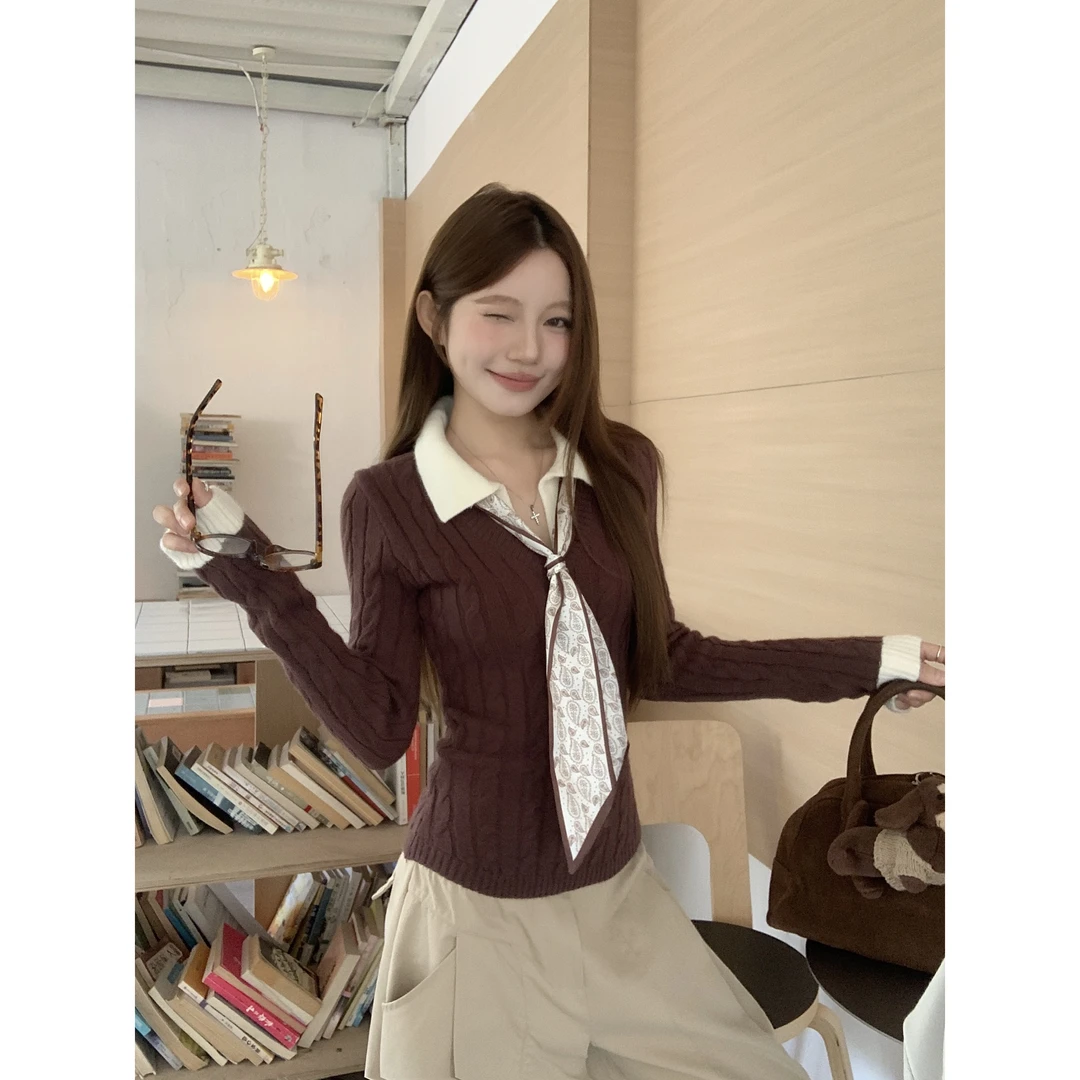 咖色Polo领假两件针织衫女冬季衣内搭修身短款长袖小上衣开衫毛衣