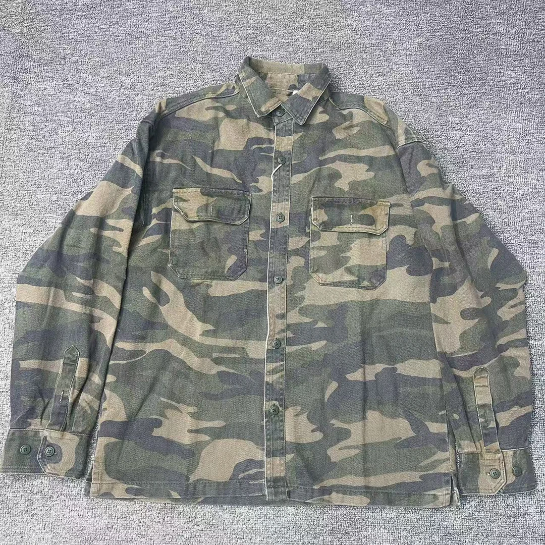 美式厚实款做旧迷彩牛仔衬衫男春秋青年复古休闲宽松衬衫外套