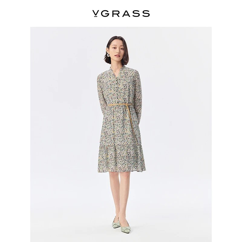 【羊羊专属】VGRASS优雅仿玉石扣真丝印花连衣裙新款复古V领裙子