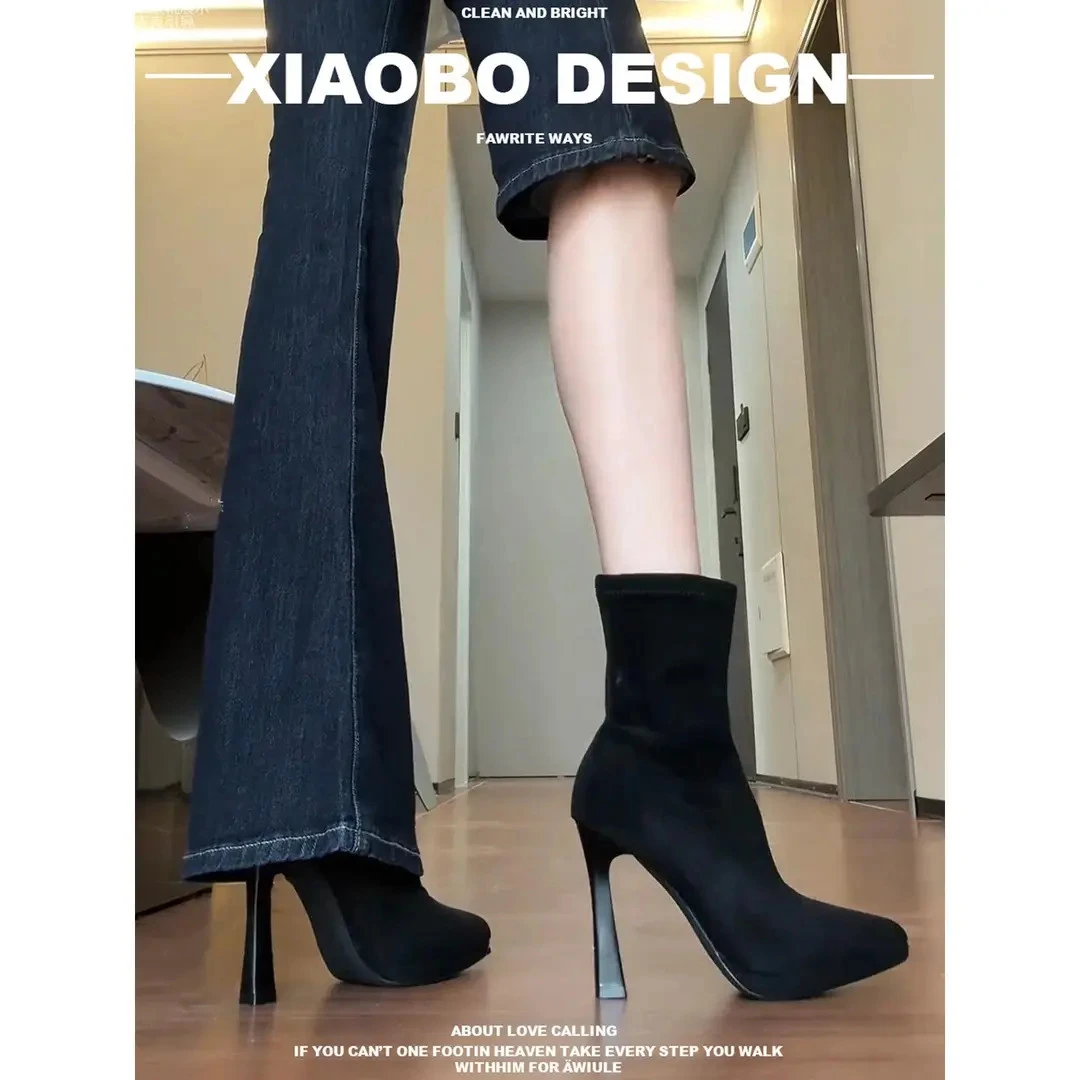 绒面尖头细跟防水台高跟短靴女2025秋冬新款性感百搭弹力瘦瘦靴子