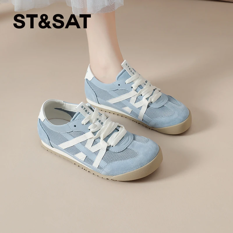 星期六复古网面德训鞋女2025夏新款蓝色软底跑步阿甘透气网鞋板鞋