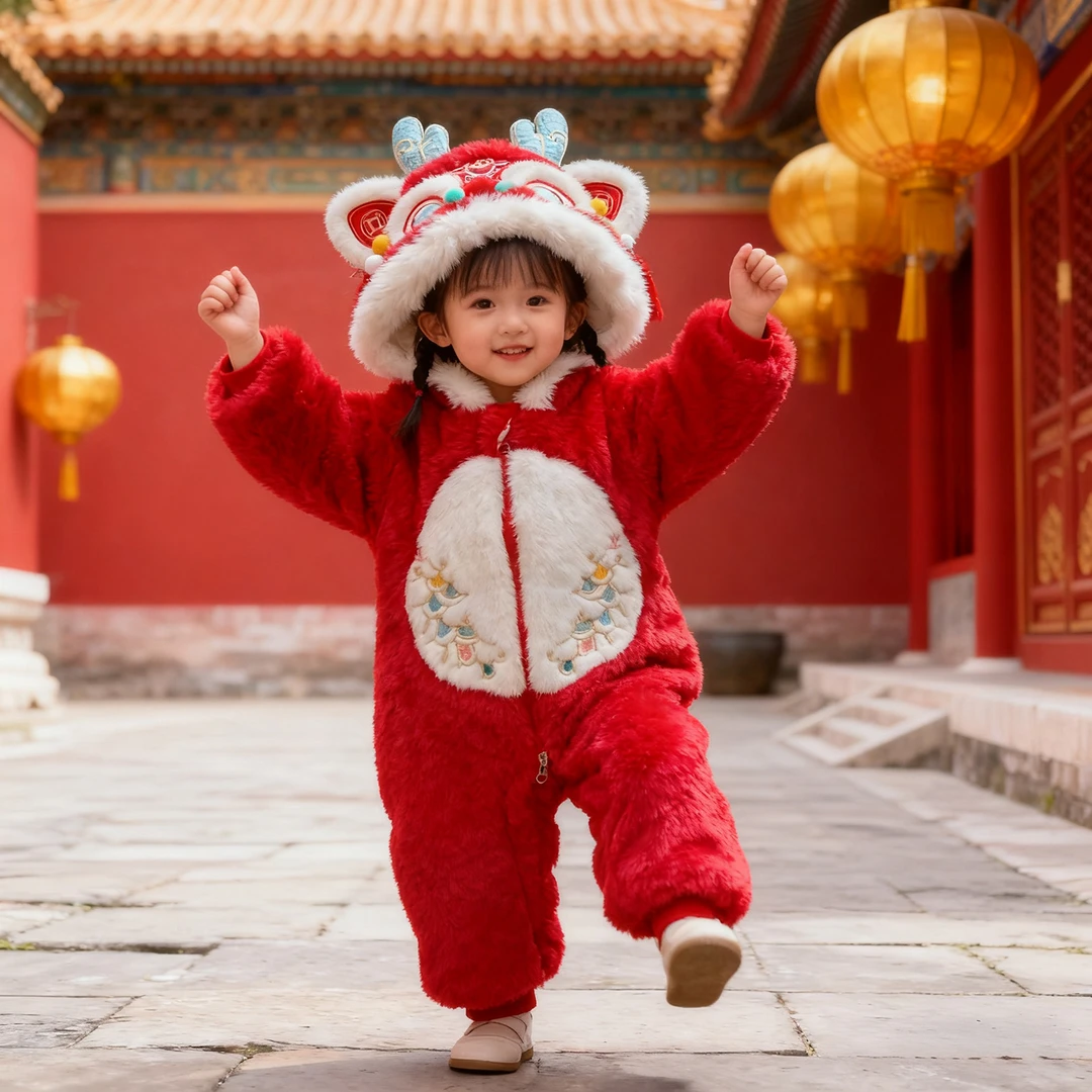 婴儿冬季连体衣新年喜庆衣服小月龄宝宝过年百天周岁毛绒拜年服红