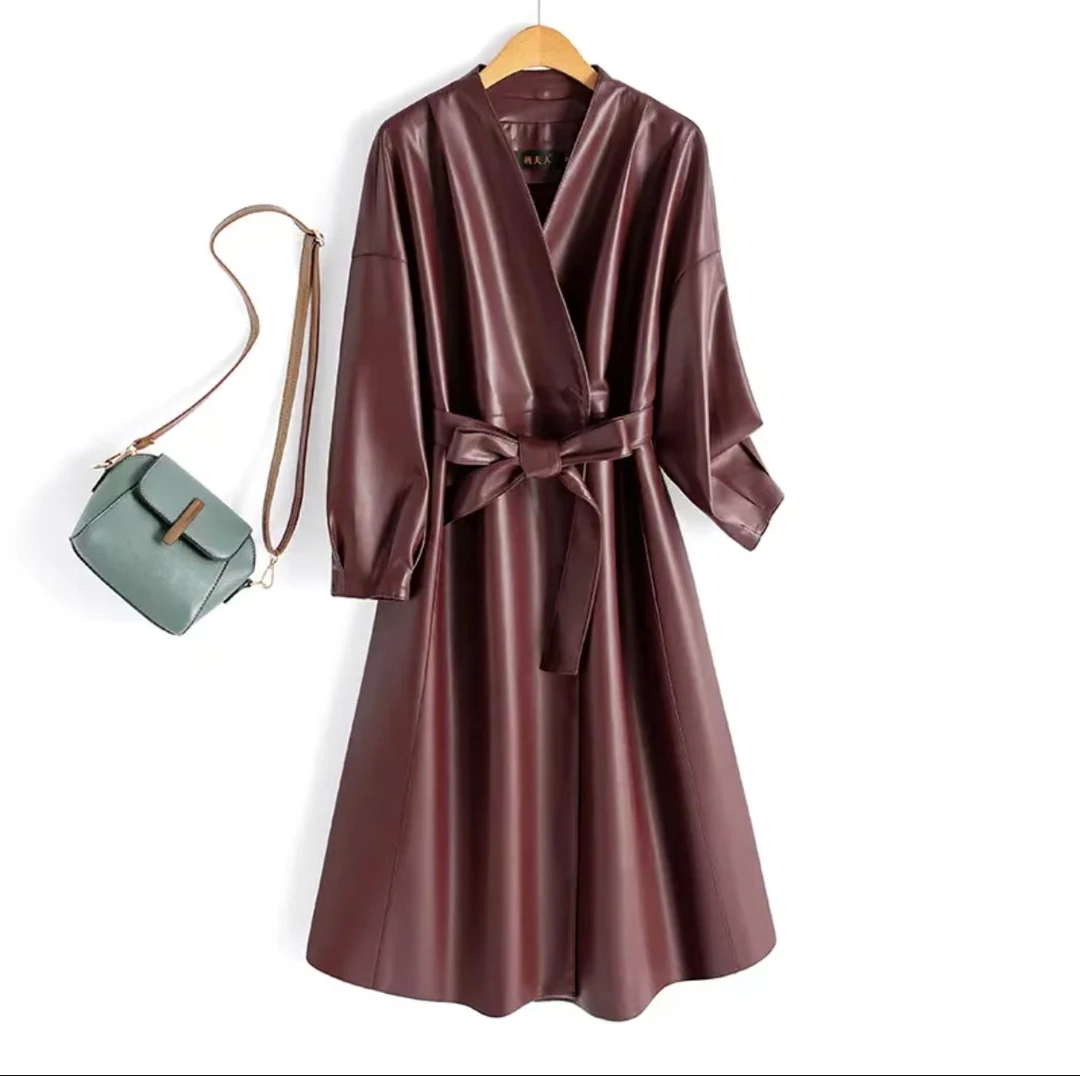 A81中长款宽松廓形气质风衣显瘦外套系带收腰皮大衣