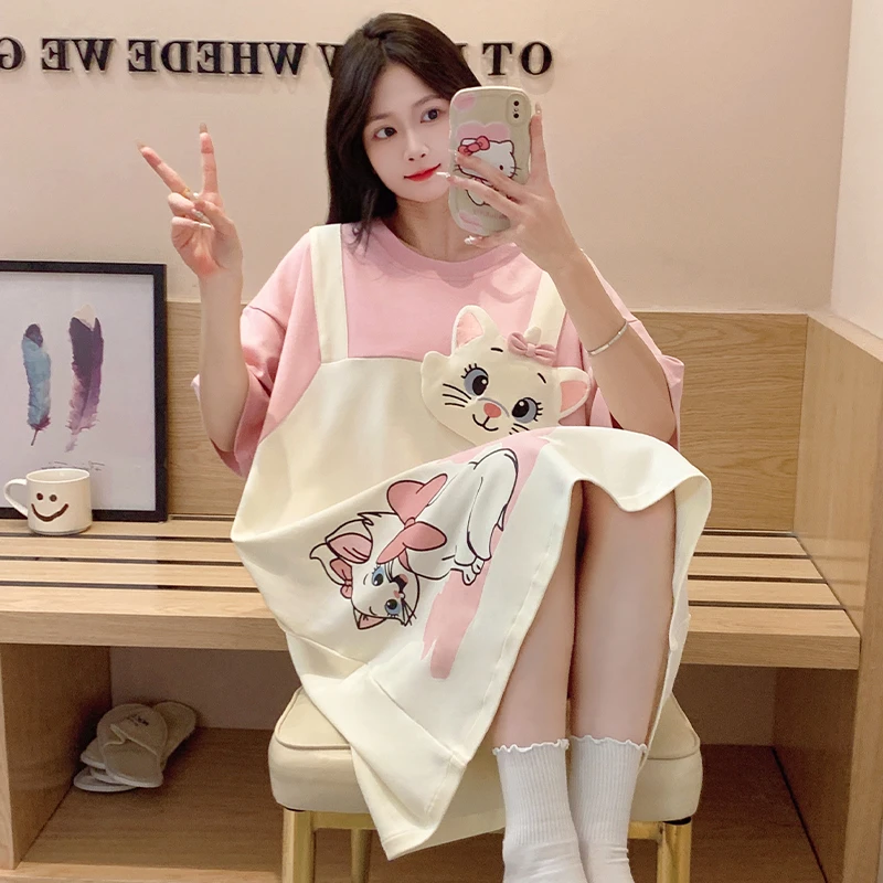 玛丽猫纯棉睡裙女款夏季甜美可爱少女中长款全棉小猫咪睡衣家居服