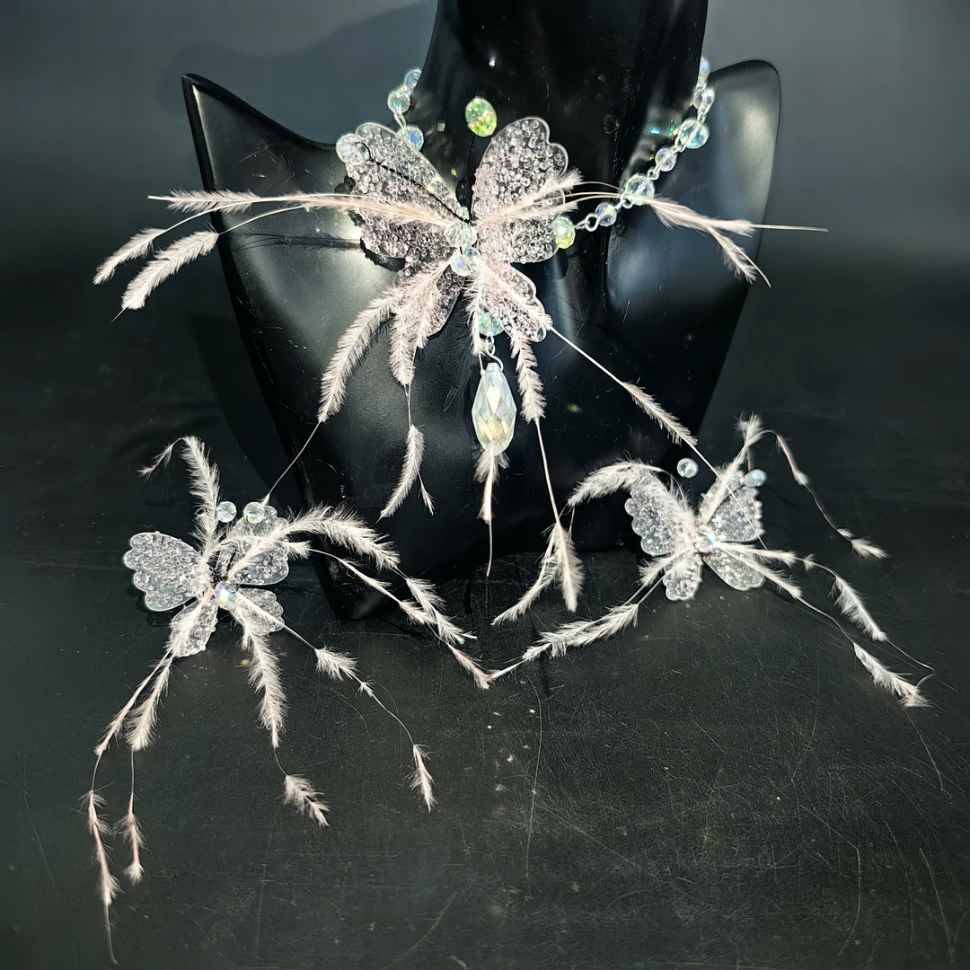 铜合金仿水晶婚庆饰品 喜看优选1014时尚百搭粉色蝴蝶羽毛项链